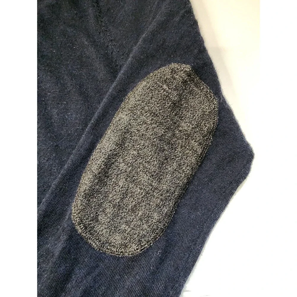 Toscano Sweater Mens Medium Navy Blue Merino Wool Blend V-neck Elbow Patches